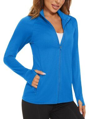 Women's Blue Green Full-zip High Neck Side Pockets Long Sleeve Athletic Jacket